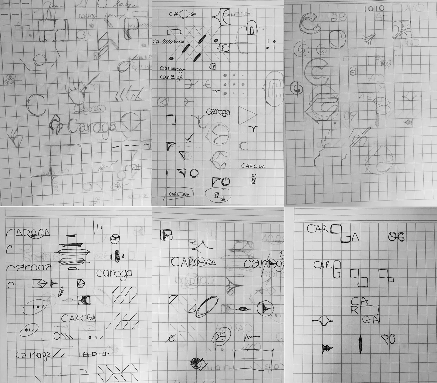 A mosaic of six notebook pages: open explorations of symbols and logotypes for Caroga, before there was a concept.