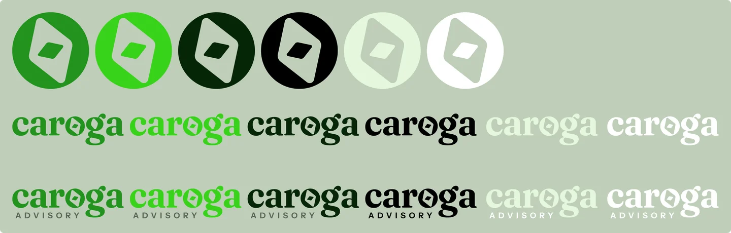 The full set of variants: the symbol alone, the wordmark and the lockup with the tagline, each in six colors.
