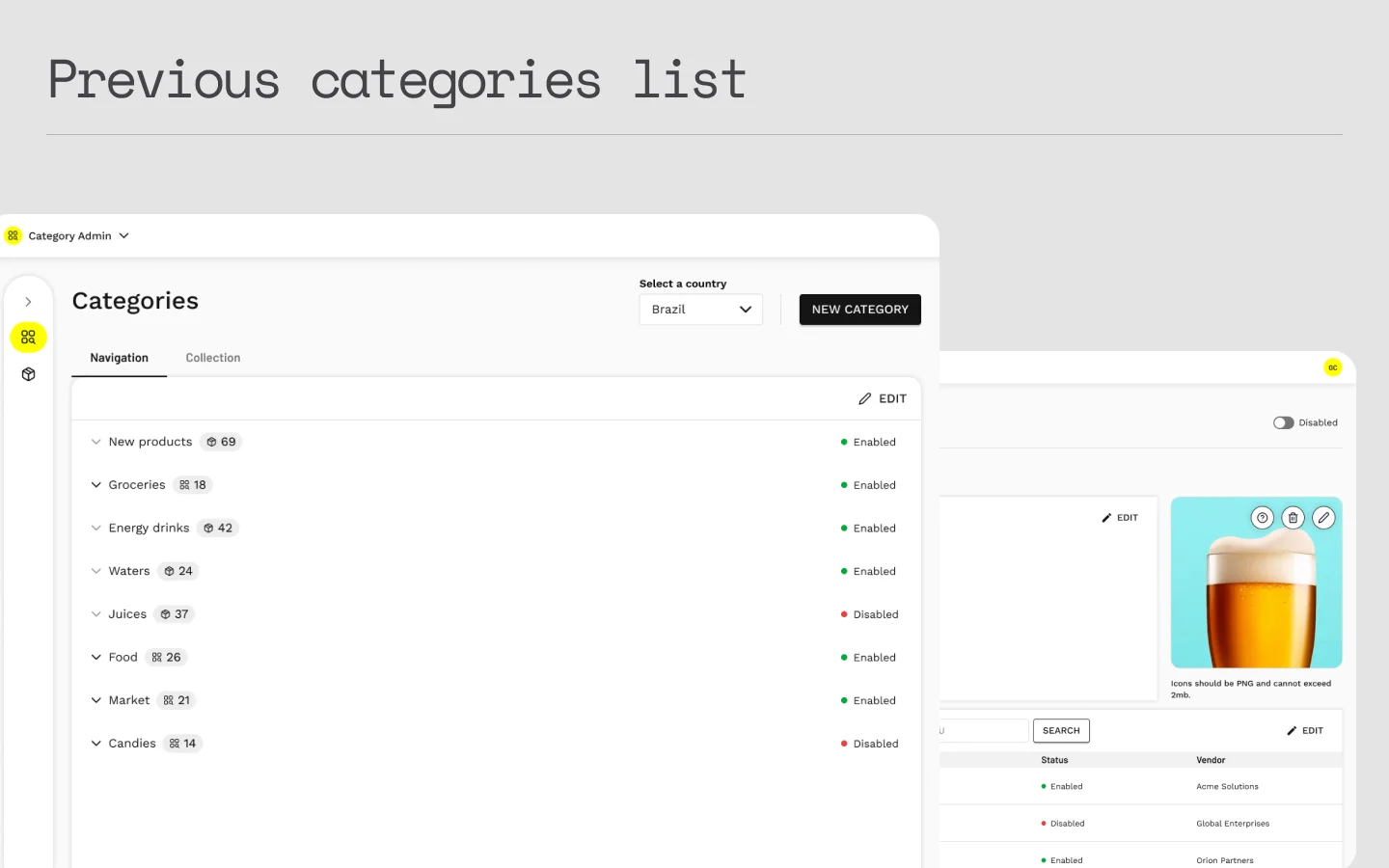 The category list before the redesign.