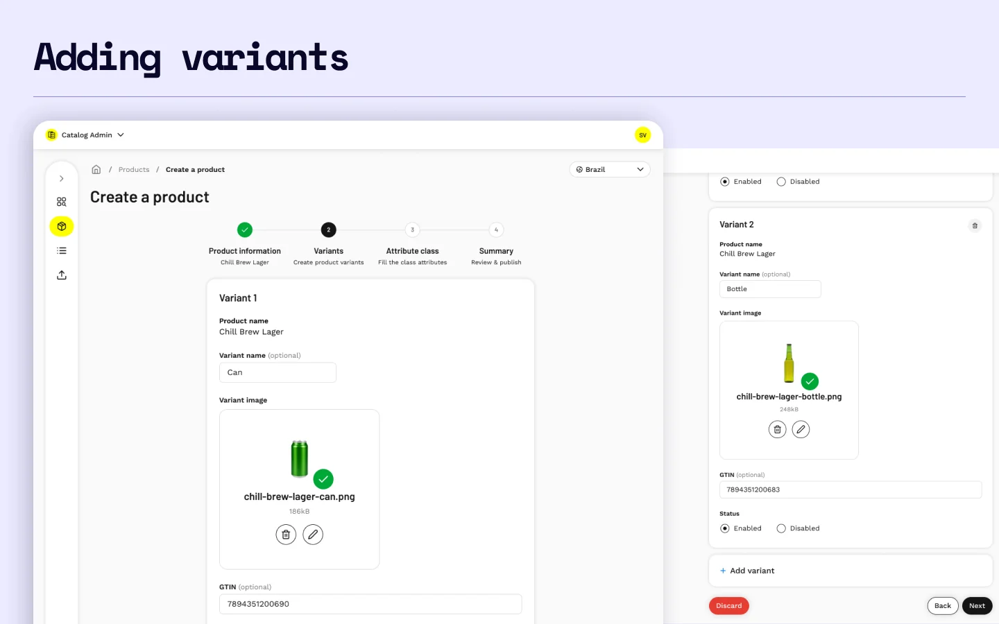 Adding variants during product creation, after the redesign.