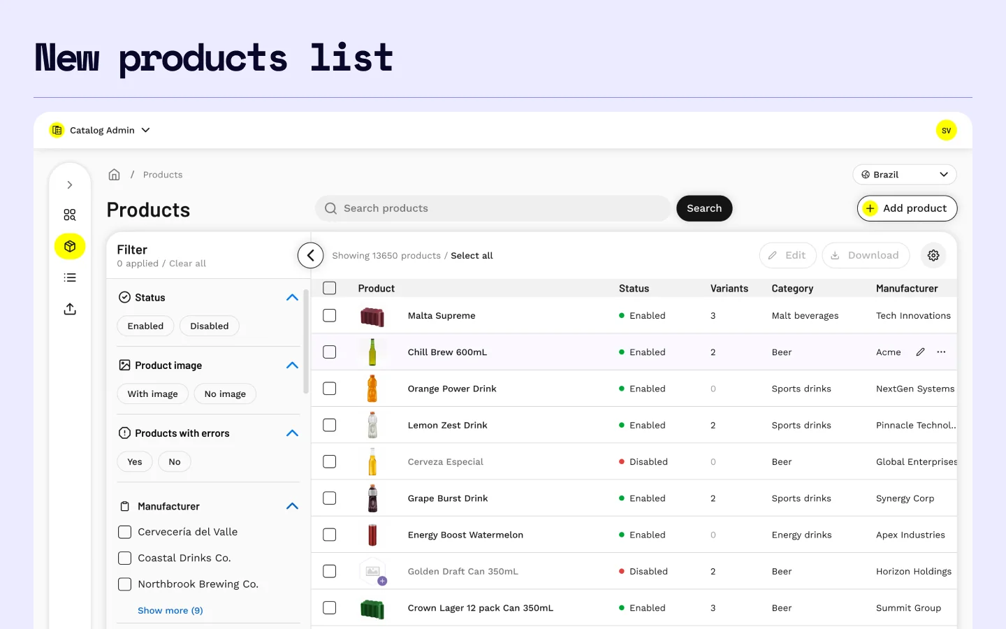 The product list after the redesign.