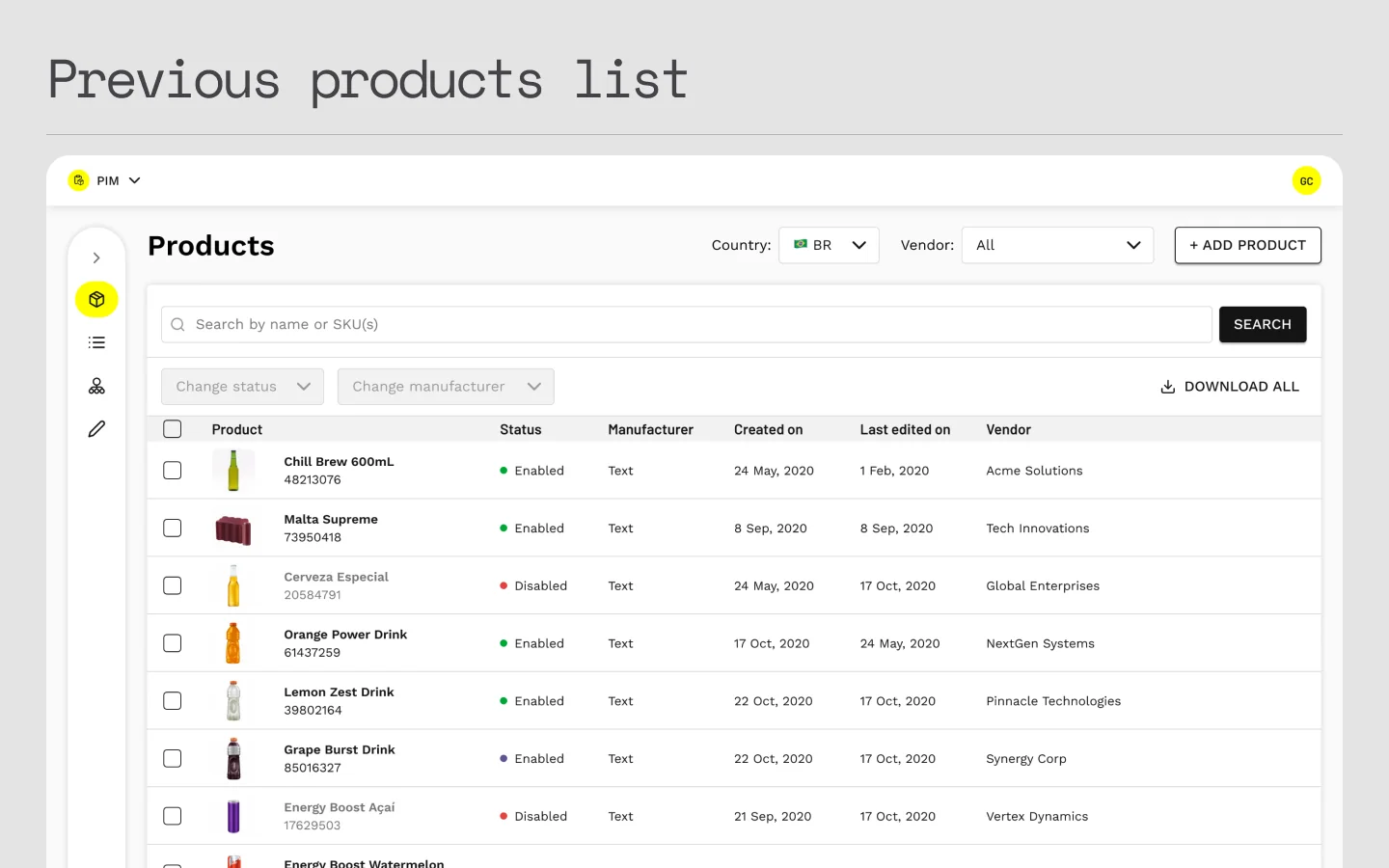 The product list before the redesign.