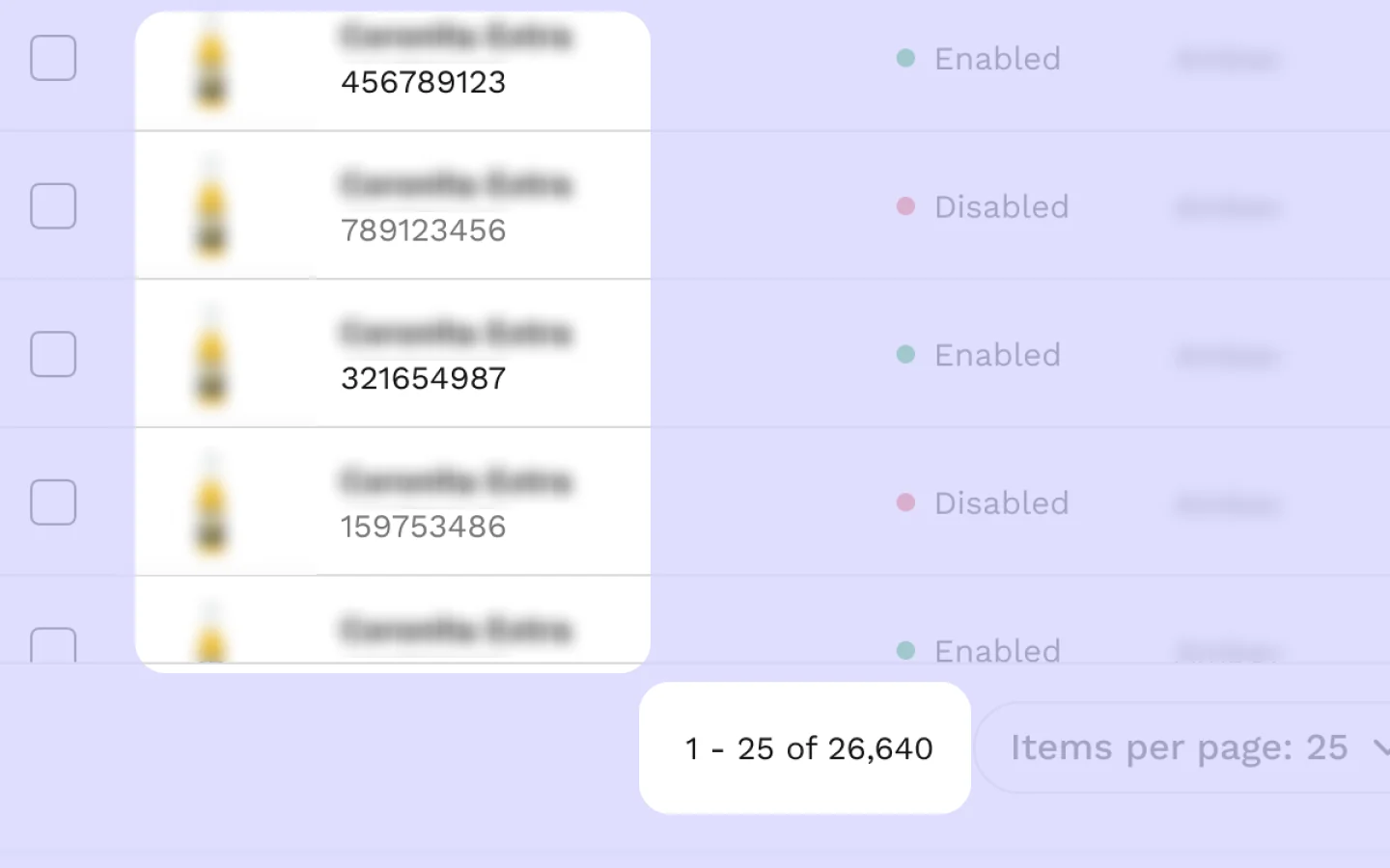 A product list in the admin tool showing the same product repeated row after row, one per seller, each copy differing only by seller ID and SKU.