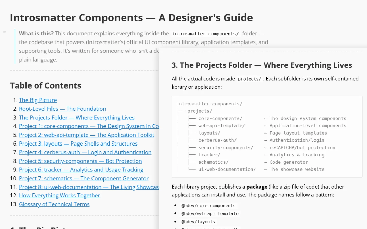 A plain-language map of the codebase, with table of contents, dependency tree and folder description.