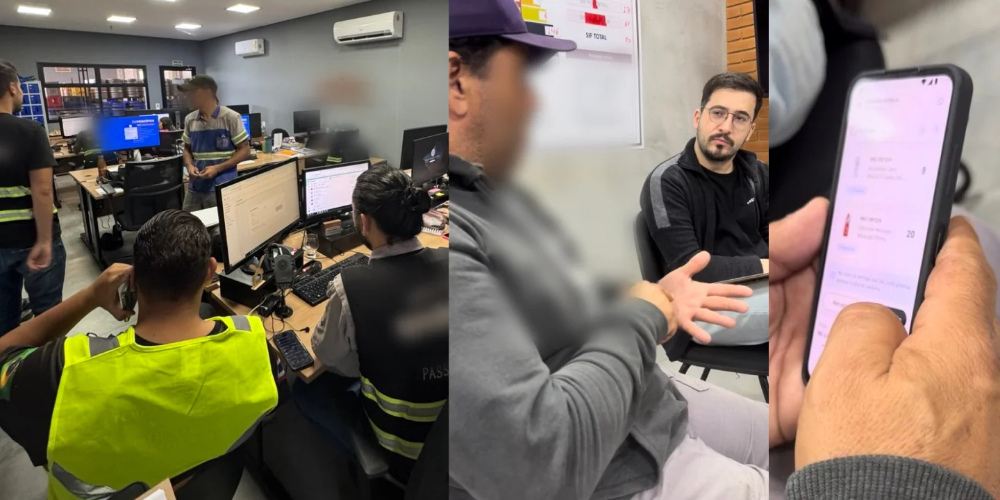 Three photos from a field session: the support room of a distribution center with staff in safety vests, a driver with his face blurred giving feedback, and a hand holding a phone running the prototype.