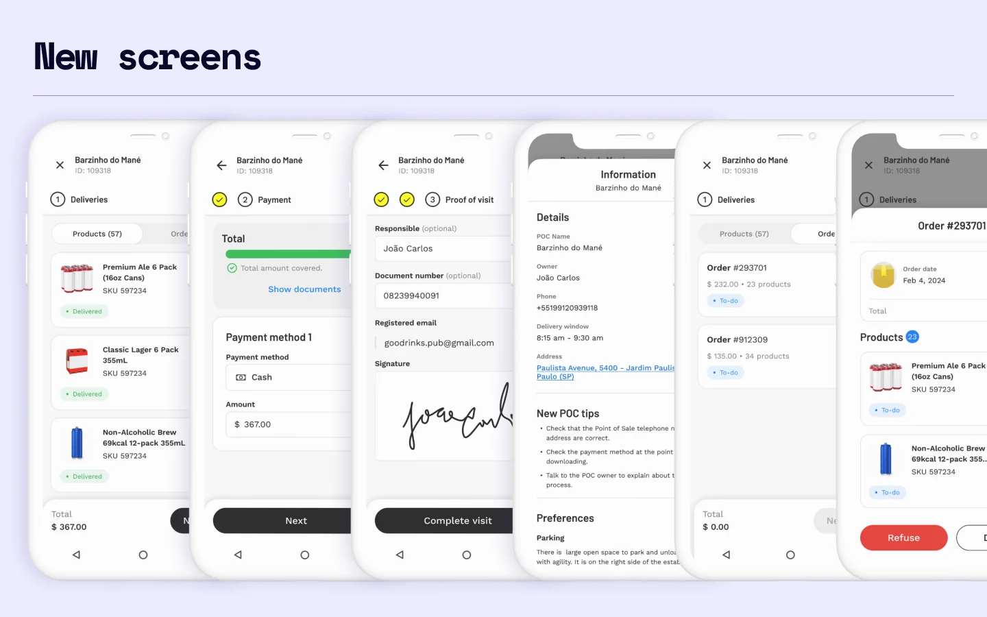 The main screens of the redesigned driver app laid out together, with the visit running as a single stepper from arrival to proof of visit.