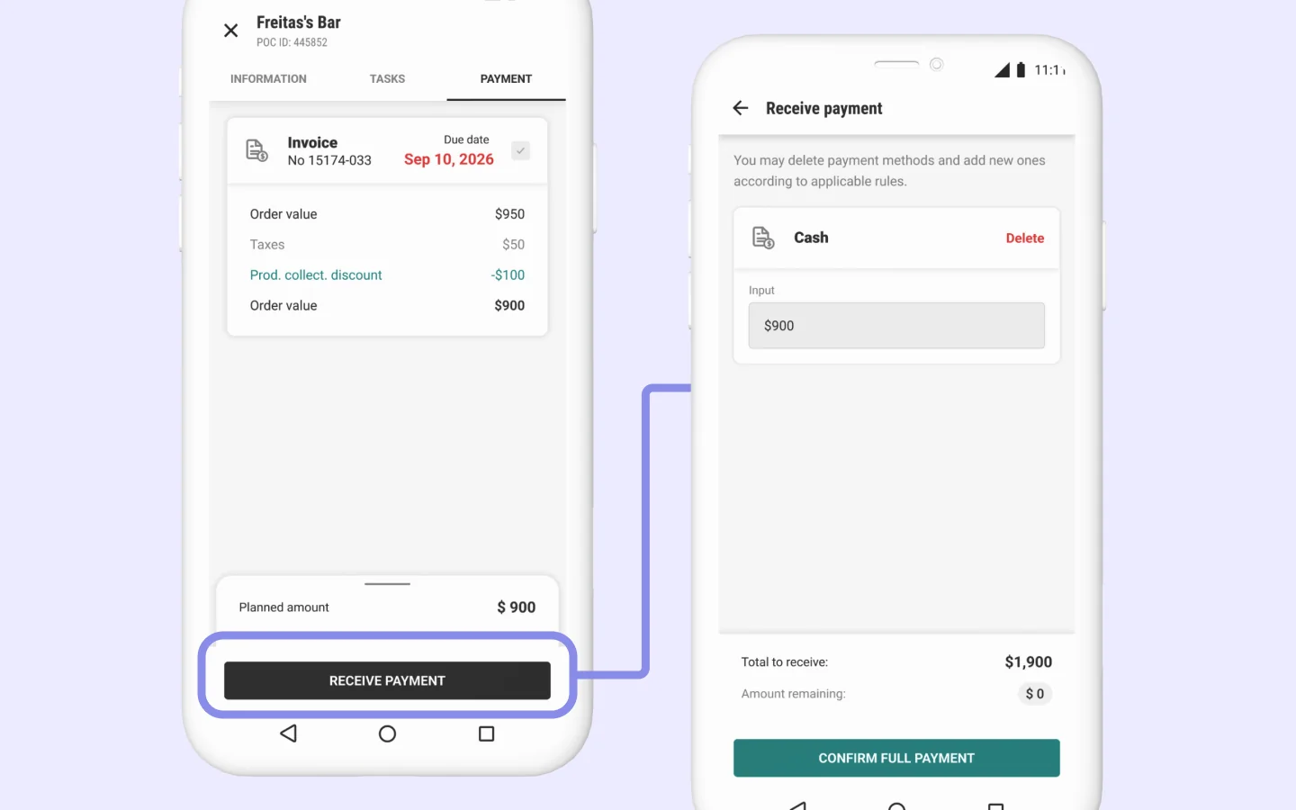 The two old payment screens side by side: a review screen listing the payment documents, and the separate screen where the payment was actually collected.
