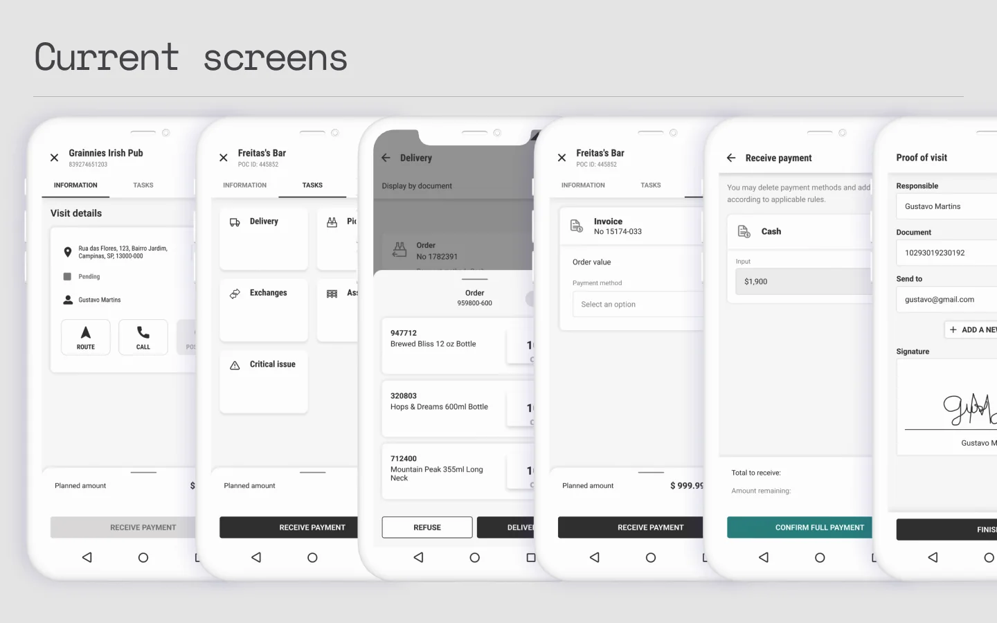 The main screens of the old driver app laid out together: the route, the visit, the task list and the payment.