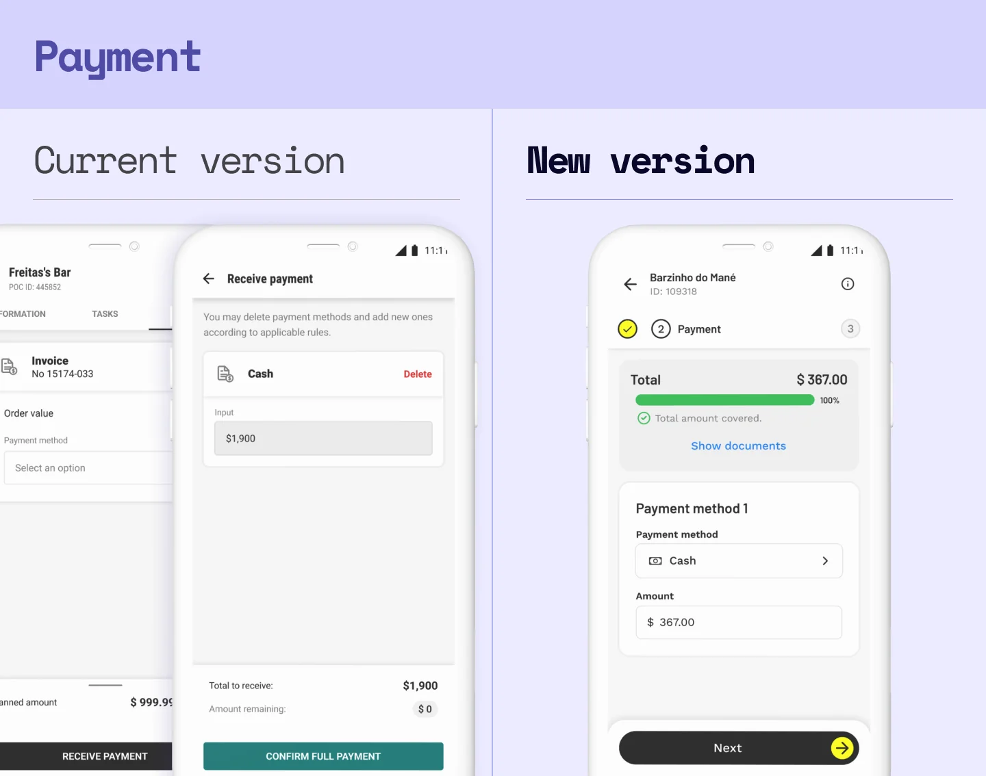 Before and after of the payment flow: two screens collapsed into one, with the payment documents available in the same place where the payment is collected.