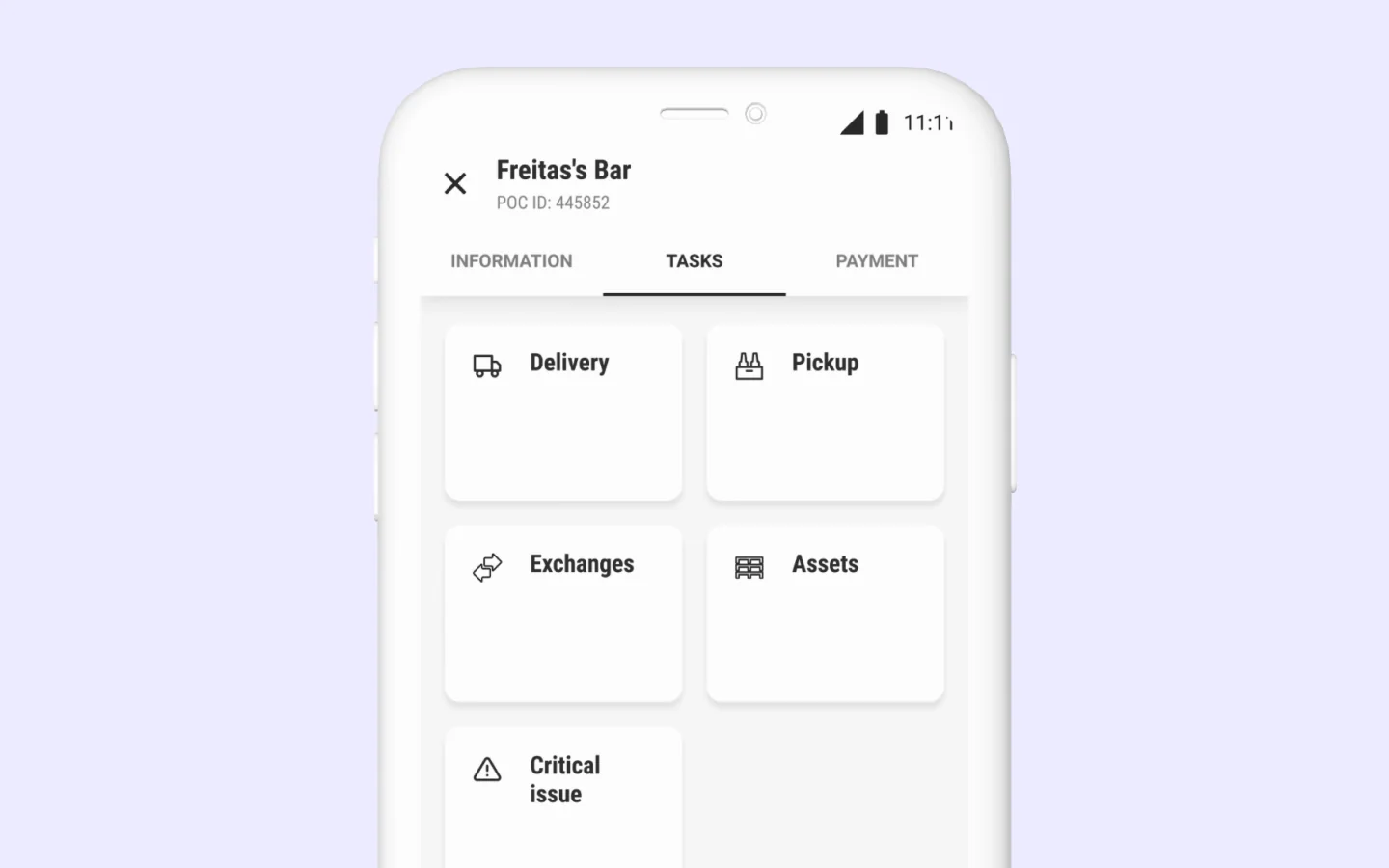 The old task screen, with delivery, exchange and collection stacked as identical cards, none of them given more weight than the others.